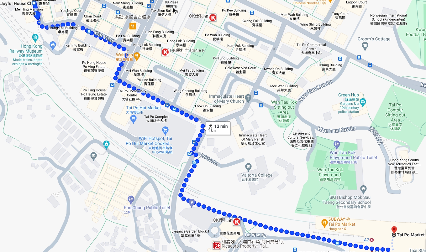 由大埔墟東鐵站步行至日悠居安老院之路線圖